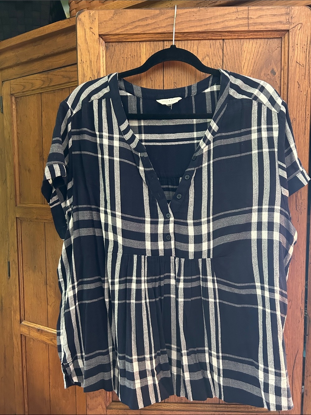 Lucky Brand Navy and White Plaid Henley Tunic